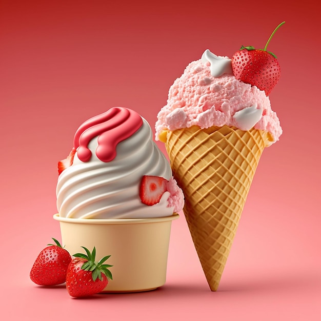 Uno sfondo rosa con un cono gelato alla fragola e un cono con sopra una fragola.