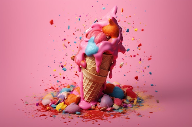 uno sfondo rosa con un cono gelato rosa ricoperto di confettini