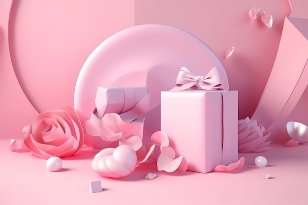 Uno sfondo rosa con un fiocco bianco e una confezione regalo rosa.