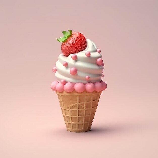 Uno sfondo rosa con una fragola in cima a un cono.