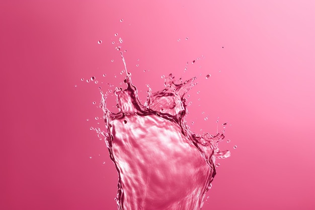 Uno sfondo rosa con una spruzzata d'acqua e una goccia di liquido.