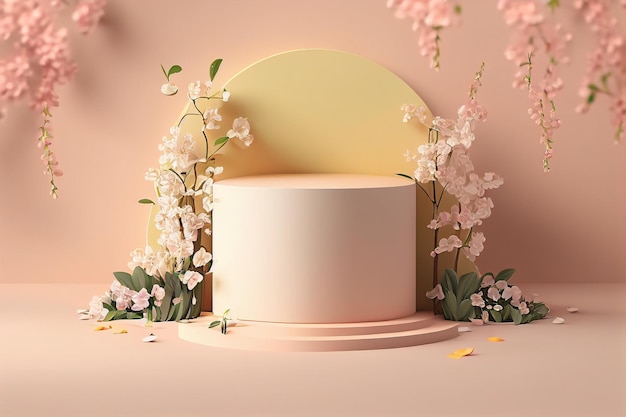 Uno sfondo rosa con una torta al centro e fiori sul fondo.