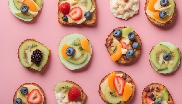 uno sfondo rosa con uno sfondo Rosa con una varietà di frutta e verdura