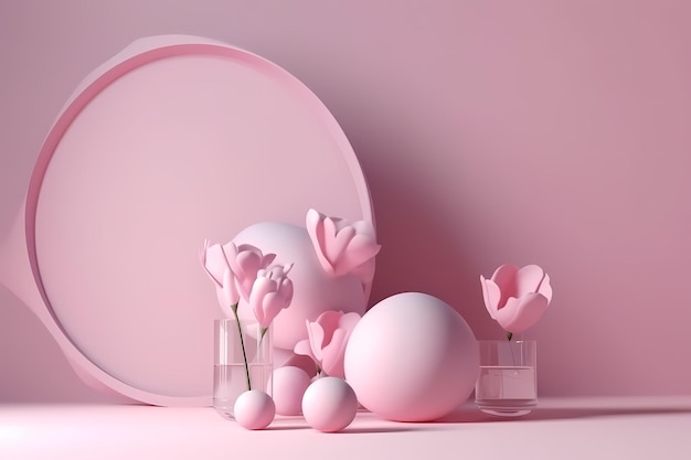 Uno sfondo rosa con uno specchio rotondo e una cornice ovale rosa.