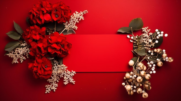 Uno sfondo rosso con fiori di Natale e alberi di pino che circondano un biglietto bianco IA generativa