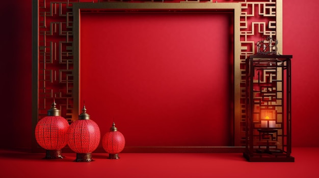 Uno sfondo rosso con una cornice e lanterne davanti