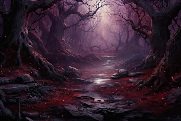 Uno sfondo scuro con alberi viola e foglie paesaggi 3D