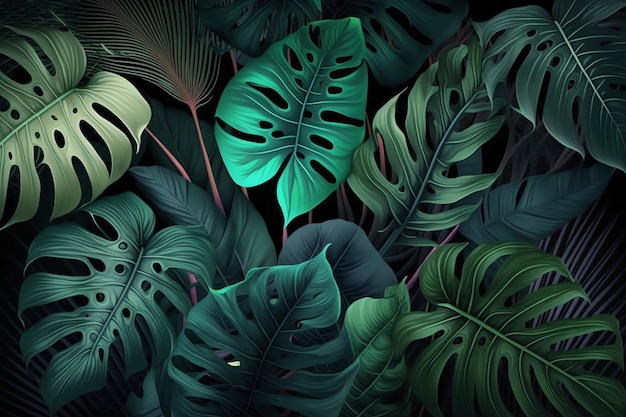 Uno sfondo scuro con foglie tropicali e le parole giungla su di esso.