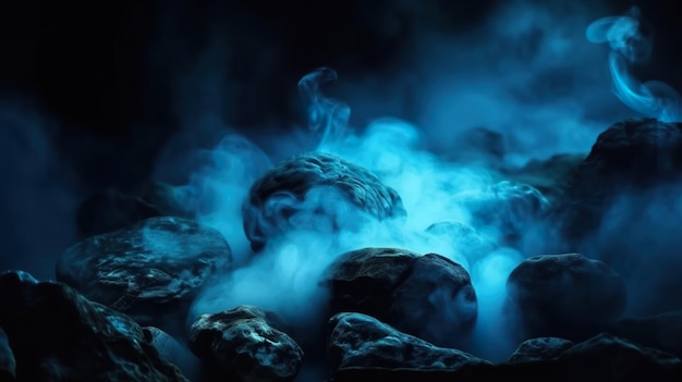 Uno sfondo scuro con rocce e fumo in blu