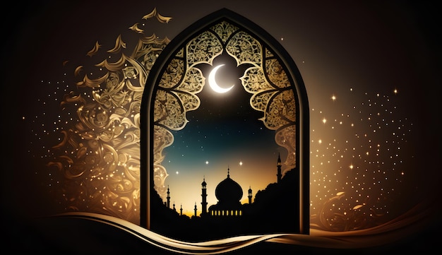 Uno sfondo scuro con una moschea e una luna.