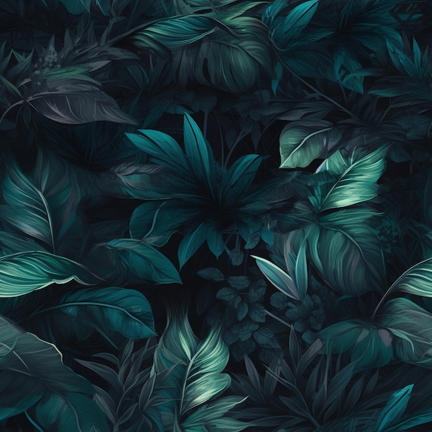 Uno sfondo scuro della giungla con foglie e piante.