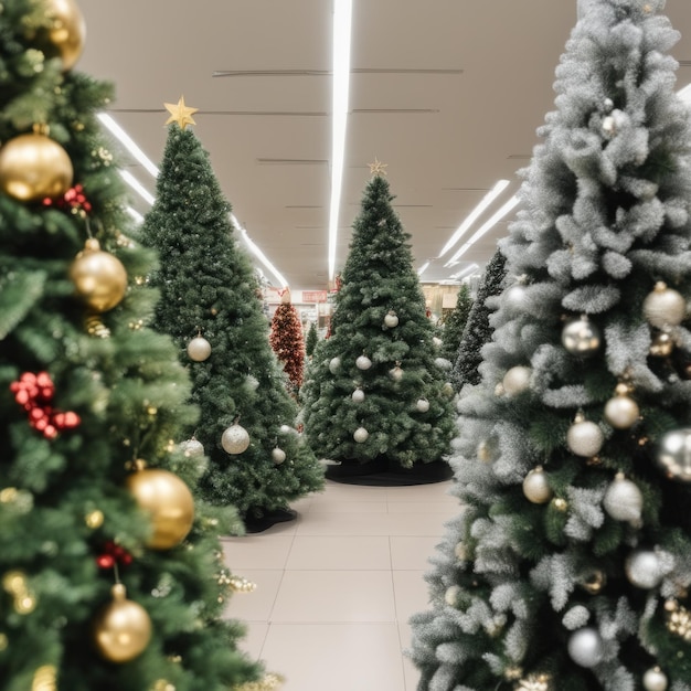 Uno sfondo sfocato del Natale mostra un albero di Natale luminoso con ghirlande di luci