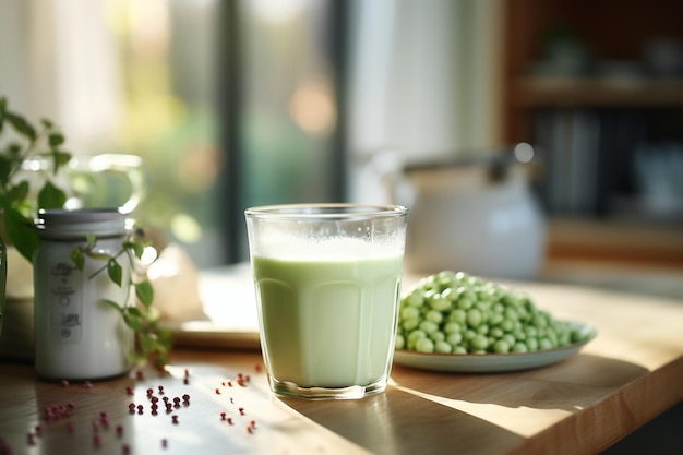 Uno sfondo sfocato di una cucina accogliente con Matcha Latte Generative di Ai