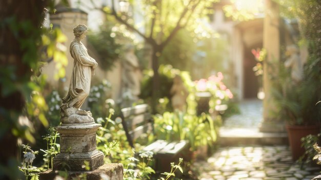 Uno sfondo sogno sfocato con un giardino pittoresco pieno di statue antiche intemperate