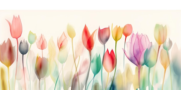 Uno sfondo tulipano acquerello carino e colorato con messa a fuoco morbida e tonalità vivaci Perfetto per uso decorativo IA generativa