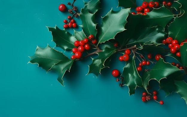 Uno sfondo verde con agrifoglio e bacche rosse.