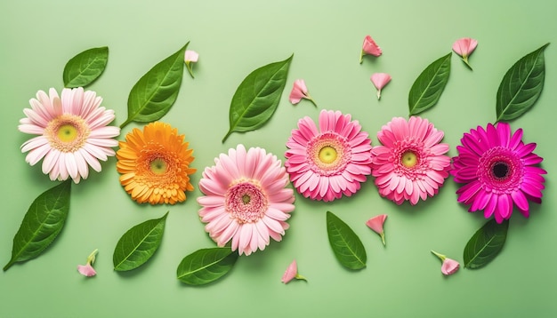 Uno sfondo verde con fiori e foglie su di esso