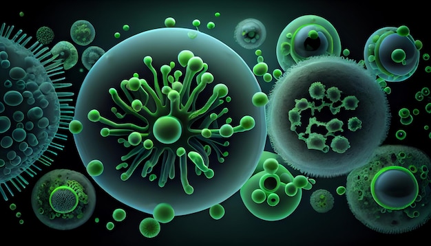 Uno sfondo verde con l'immagine di un virus e una cella con luci verdi.