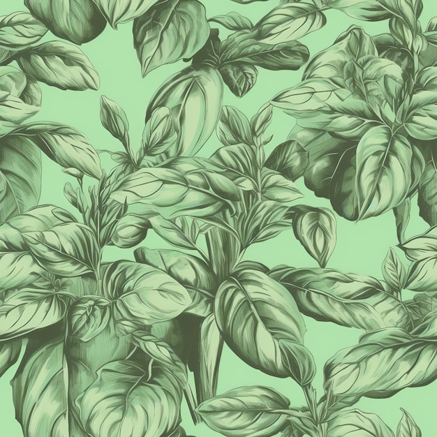 Uno sfondo verde con un motivo di foglie di basilico.