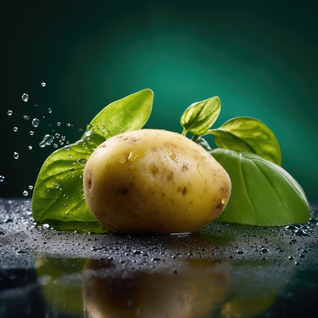 Uno sfondo verde con una patata e gocce d'acqua