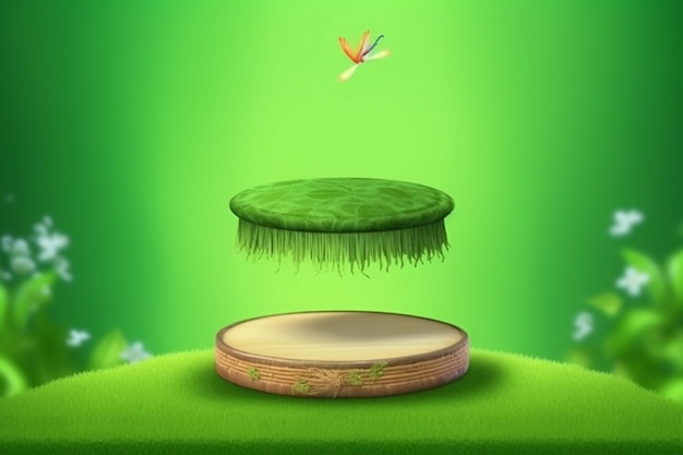 uno sfondo verde con una piattaforma coperta d'erba e un'ai generativa di un uccello in volo