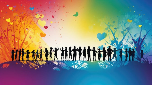uno sfondo vibrante arcobaleno con sagome di amici che si tengono per mano