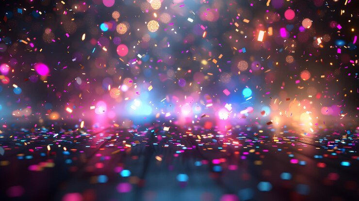 Foto uno sfondo vibrante con confetti e luci che creano un'atmosfera di celebrazione per il nuovo anno