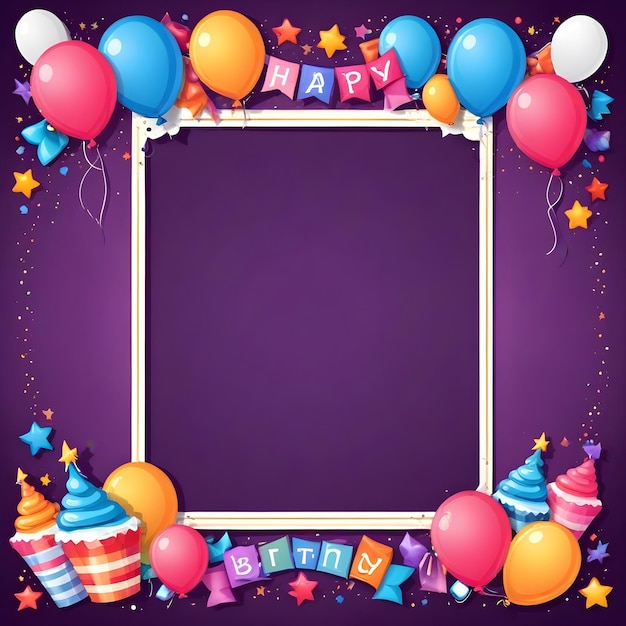 uno sfondo viola con palloncini colorati e una cornice con le parole felice compleanno