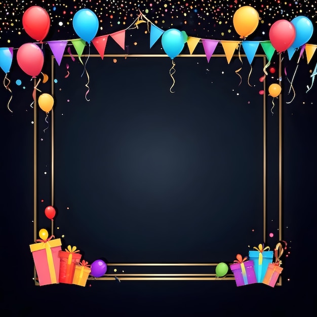 uno sfondo viola con palloncini e una cornice con una torta di compleanno