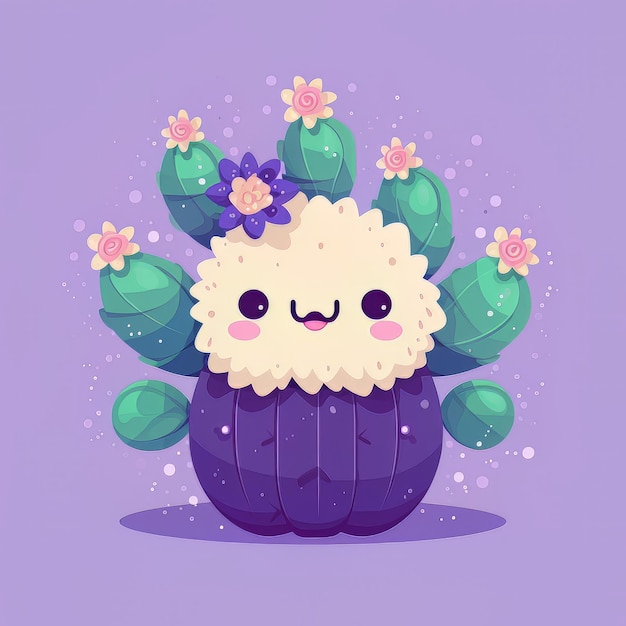 Uno sfondo viola con un cactus e un personaggio dei cartoni animati che dice "hello kitty".