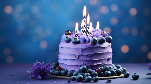 Uno sfondo viola con una torta di compleanno viola guarnita con mirtilli e candele IA generativa