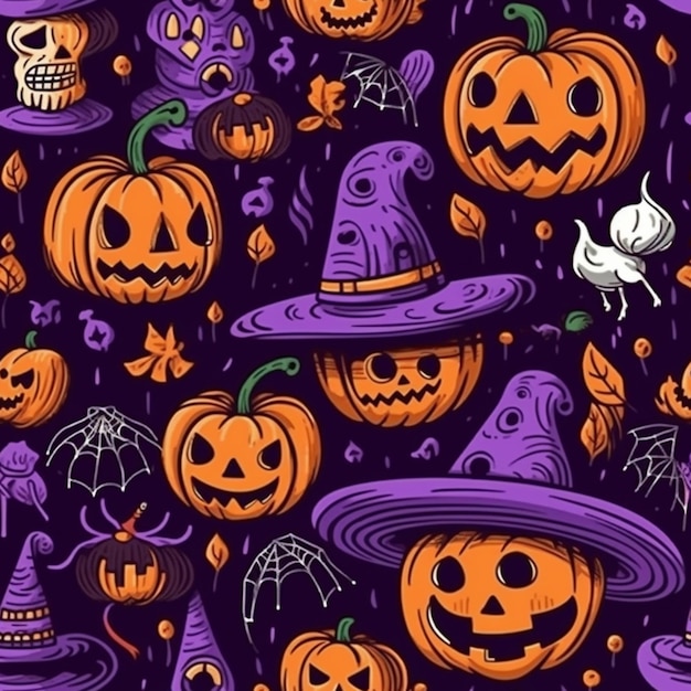 Uno sfondo viola con zucche di Halloween e streghe generative ai