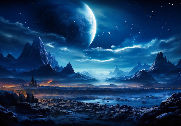 Uno sfondo vuoto con una montagna e il pianeta luna