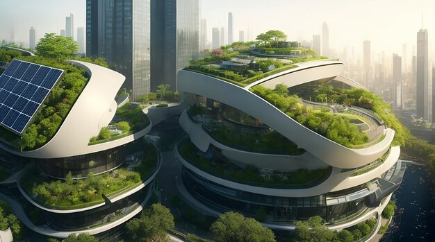 Uno sguardo al futuro Futuristico paesaggio urbano ecologico con tetti verdi, pannelli solari e giardini urbani