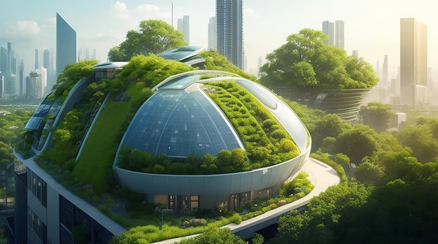 Uno sguardo al futuro Futuristico paesaggio urbano ecologico con tetti verdi, pannelli solari e giardini urbani