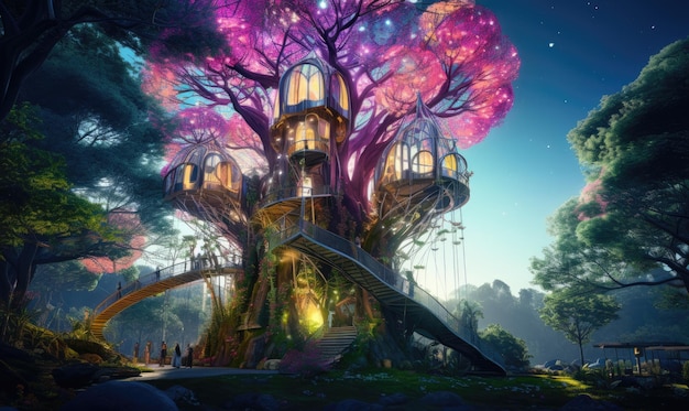 Uno sguardo alle possibilità di domani una futuristica casa sull'albero di fantascienza si erge alta invitando all'esplorazione e alla meraviglia del design