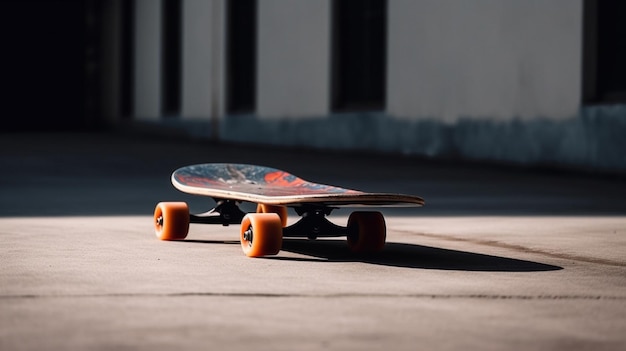 Uno skateboard sulla vista laterale del terreno di cemento
