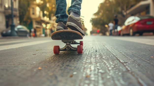 Uno skateboarder che cavalca lungo un marciapiede della città