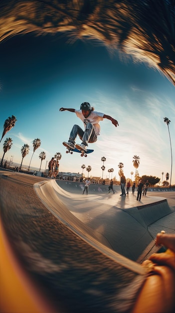 uno skateboarder è in aria e fa un'acrobazia in aria.