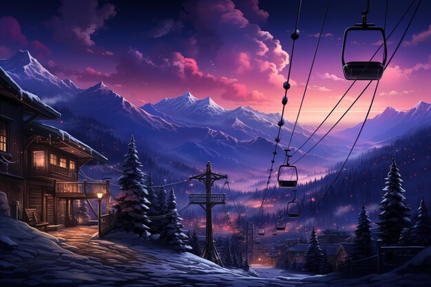 uno skilift con un cielo viola e montagne sullo sfondo