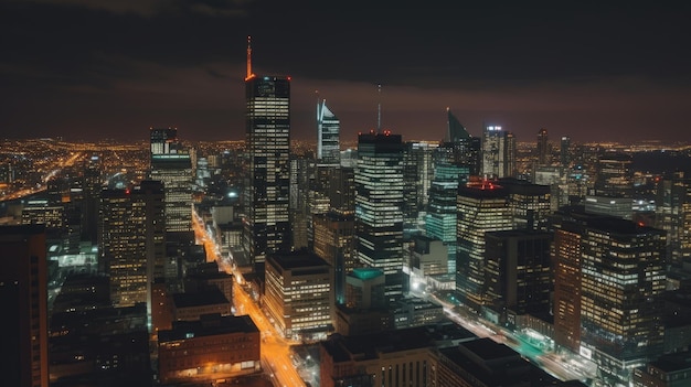 Uno skyline cittadino con edifici alti e luci brillanti AI generativa