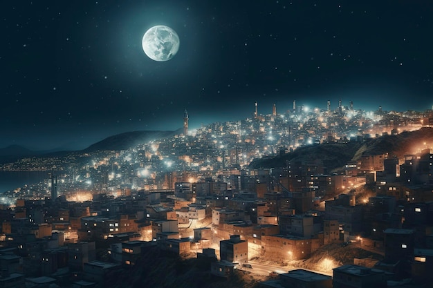 Uno skyline della città con la luna piena e le luci della città nello stile del web Anderson Sultan Mohammed Alex Prager Quito scuola cinematografica stills ghiaccio punk luccioli e luccicante generare ai