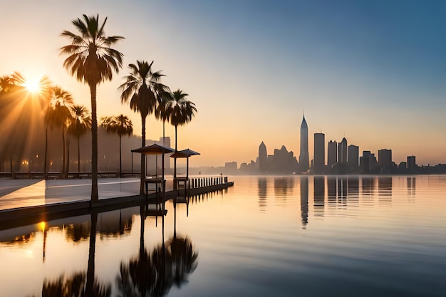 Uno skyline della città con palme e uno specchio d'acqua