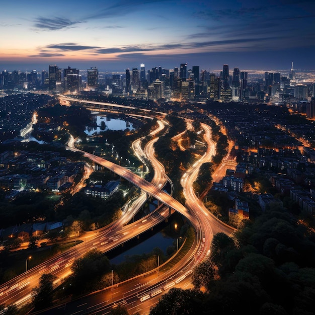 uno skyline della città con un'autostrada e una città di notte