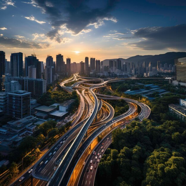 uno skyline della città con un'autostrada e una città sullo sfondo