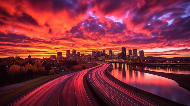 Uno skyline della città con un cielo rosso e la parola denver su di esso