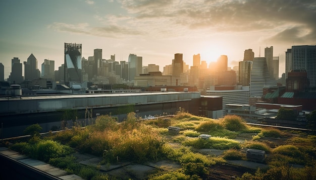 Uno skyline della città con un tetto verde e un'auto parcheggiata sul tetto.