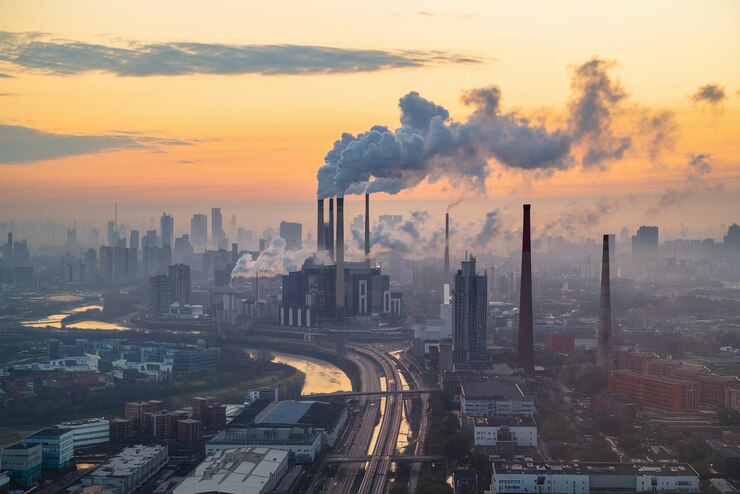 uno skyline della città con una grande quantità di fumo che ne esce