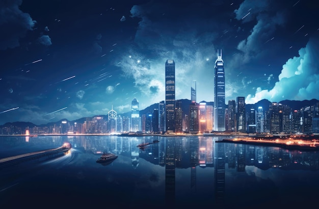 Uno skyline della città di notte con grattacieli illuminati e barche nell'acqua