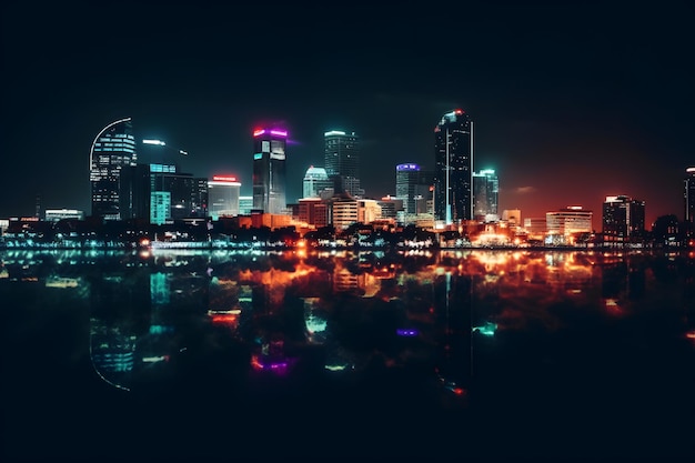 Uno skyline della città di notte con luci colorate e riflessi sull'acqua Business District Contesto Generativo Ai